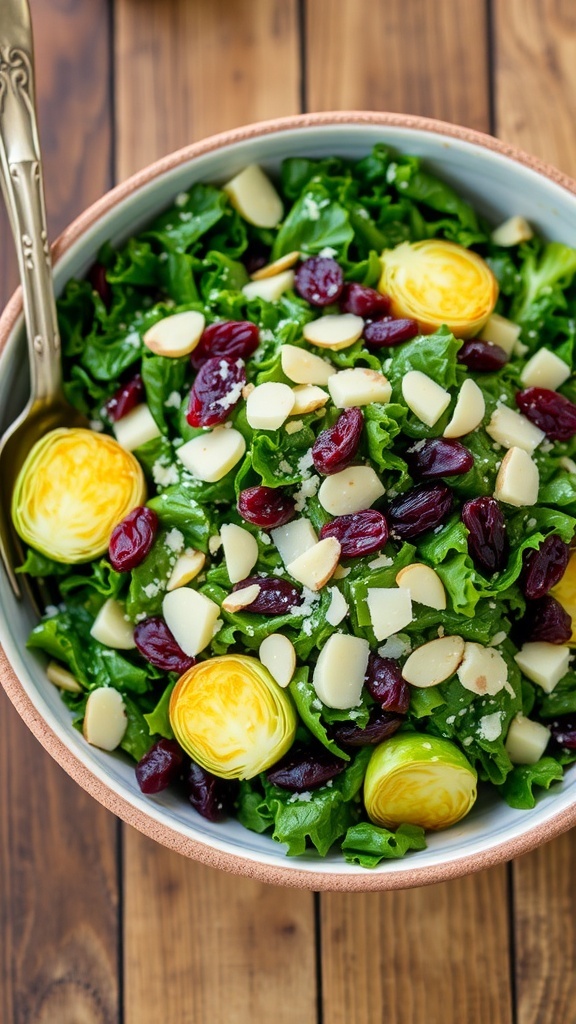 A vibrant kale and Brussels sprout salad with Parmesan, almonds, and cranberries in a rustic bowl.